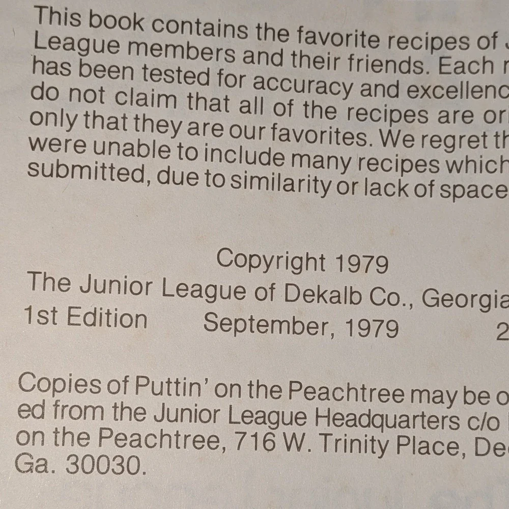 Puttin' on the Peachtree Junior League DeKalb County GA Cookbook 1979 1st Ed